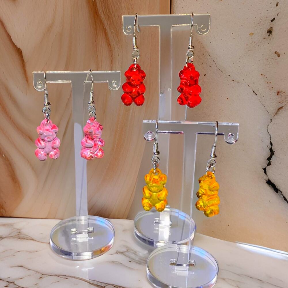 New 3 Pairs Gummy Bear Clear Jelly Acrylic Dangle Drop Earrings Cute Gift Pink